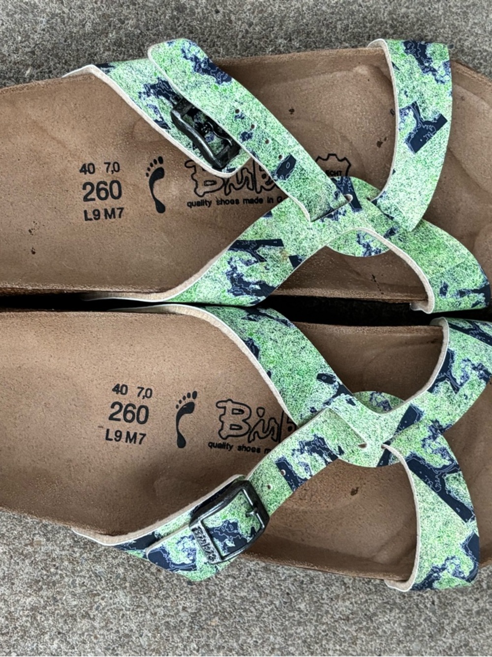 Birki’s green Patterned Crossover Sandals. NWOT